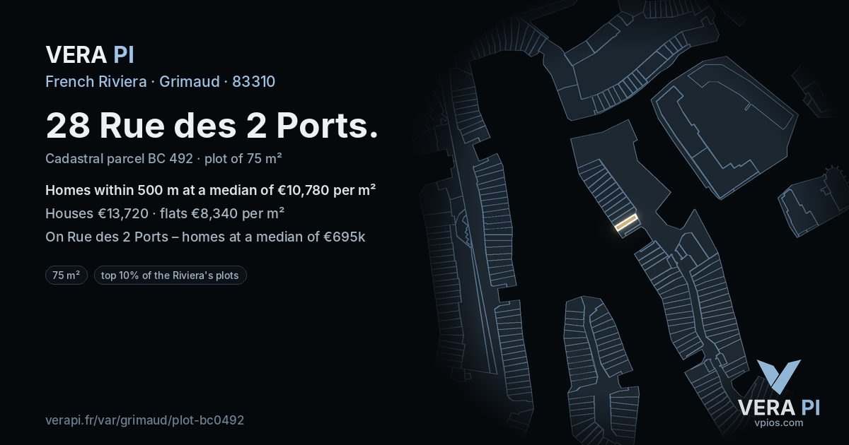 28 Rue des 2 Ports, Grimaud at night – the plot lit, the parcels around coloured by the prices near them