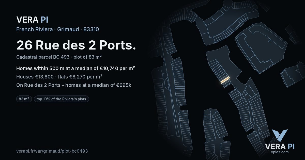 26 Rue des 2 Ports, Grimaud at night – the plot lit, the parcels around coloured by the prices near them