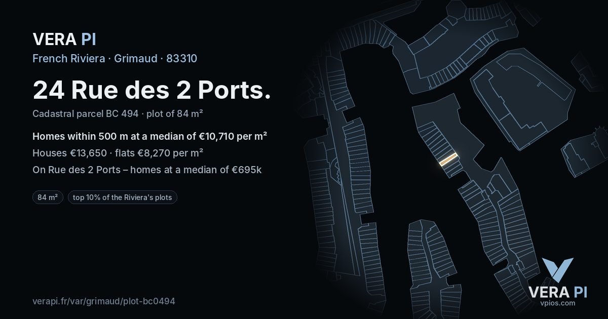 24 Rue des 2 Ports, Grimaud at night – the plot lit, the parcels around coloured by the prices near them