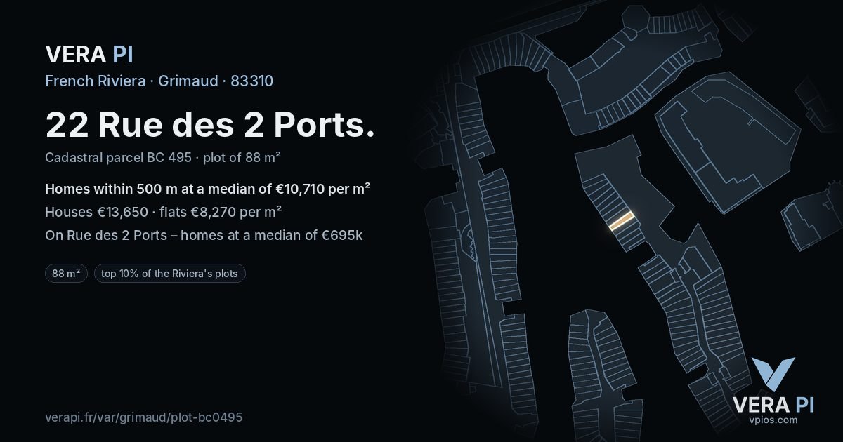22 Rue des 2 Ports, Grimaud at night – the plot lit, the parcels around coloured by the prices near them
