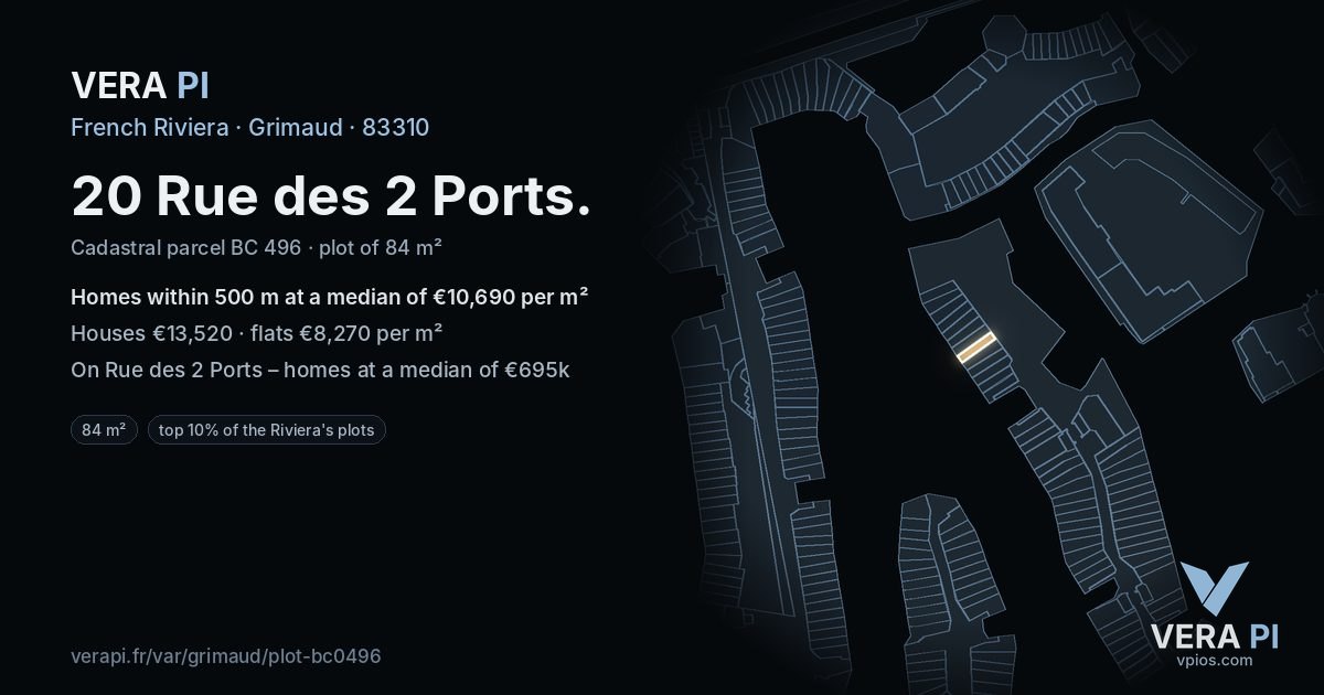 20 Rue des 2 Ports, Grimaud at night – the plot lit, the parcels around coloured by the prices near them
