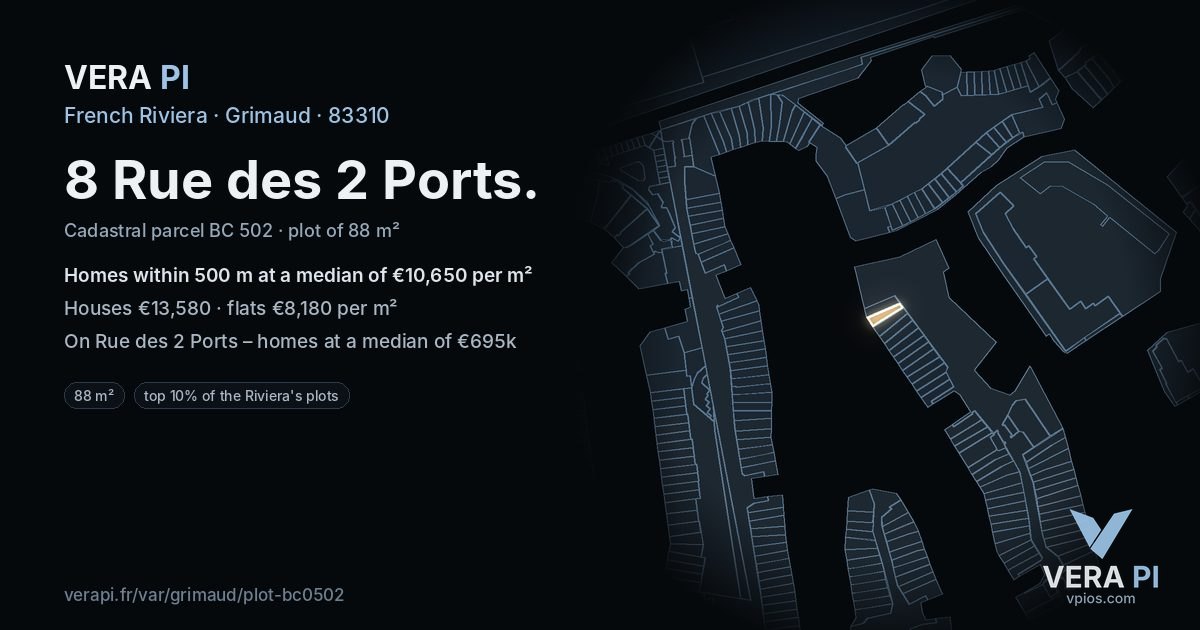 8 Rue des 2 Ports, Grimaud at night – the plot lit, the parcels around coloured by the prices near them