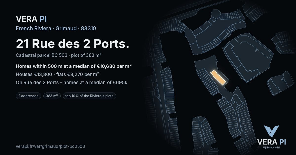 21 Rue des 2 Ports, Grimaud at night – the plot lit, the parcels around coloured by the prices near them
