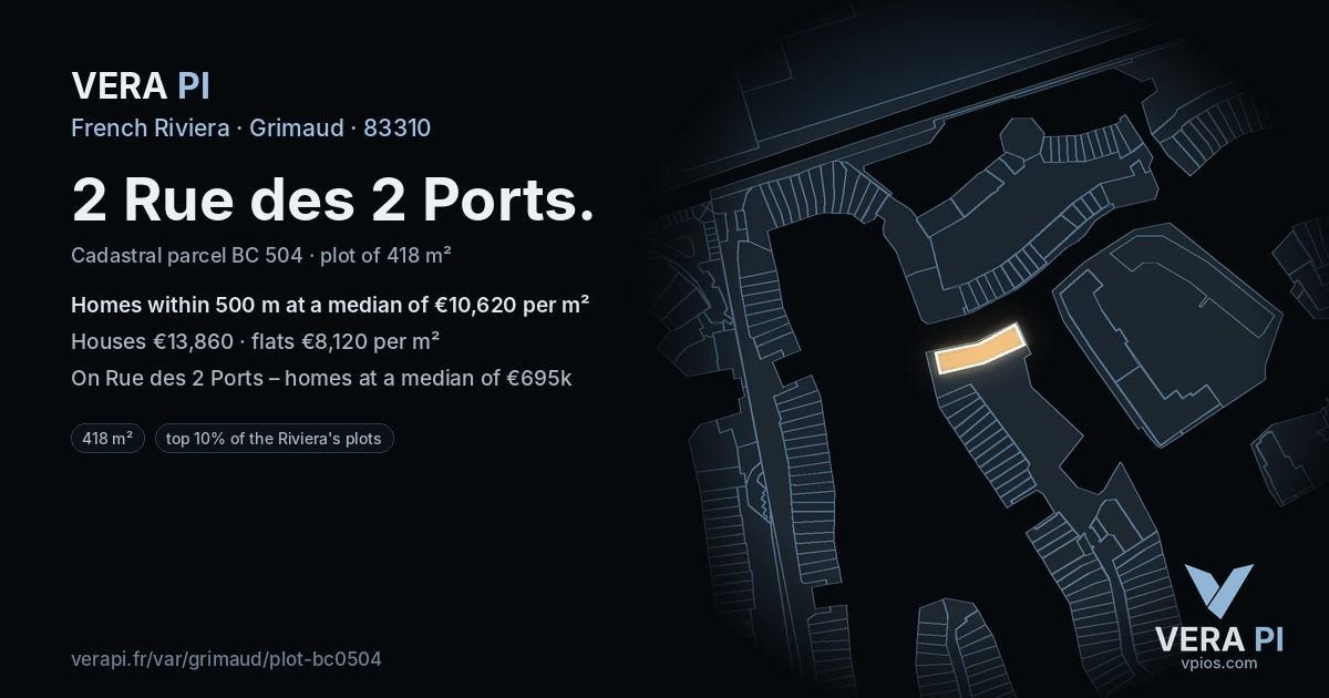 2 Rue des 2 Ports, Grimaud at night – the plot lit, the parcels around coloured by the prices near them