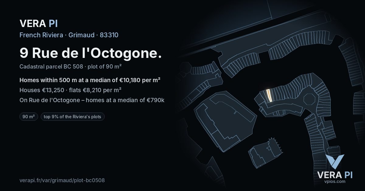 9 Rue de l'Octogone, Grimaud at night – the plot lit, the parcels around coloured by the prices near them