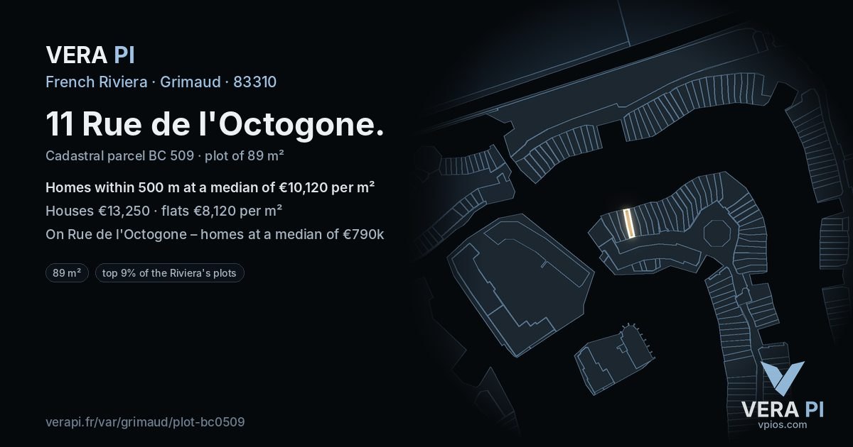 11 Rue de l'Octogone, Grimaud at night – the plot lit, the parcels around coloured by the prices near them