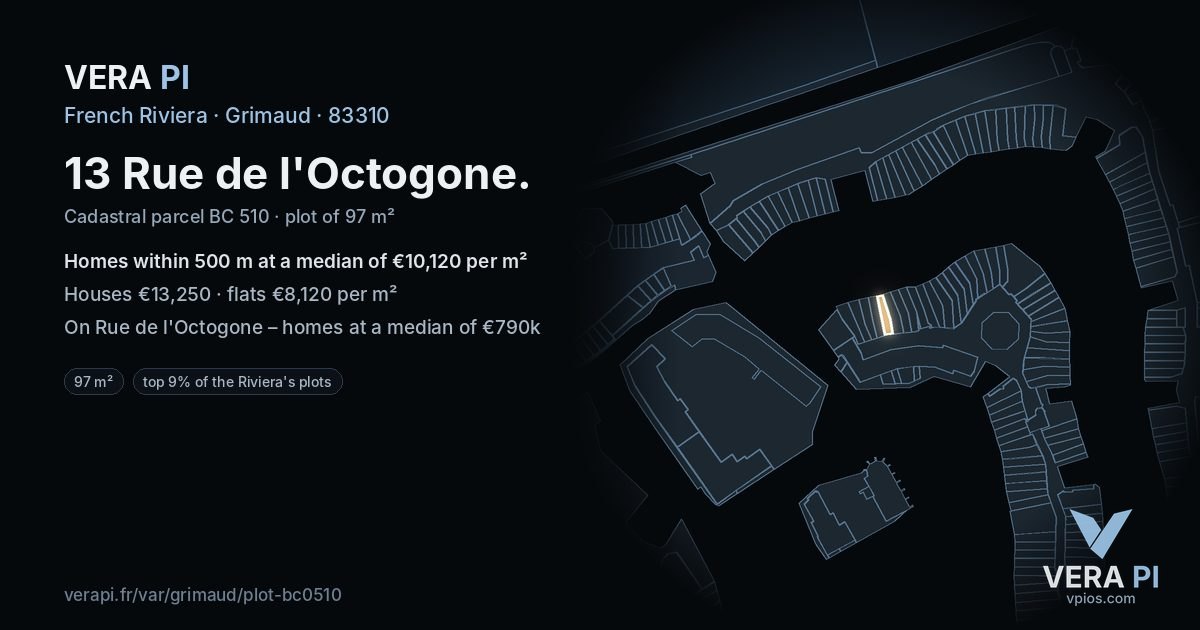 13 Rue de l'Octogone, Grimaud at night – the plot lit, the parcels around coloured by the prices near them