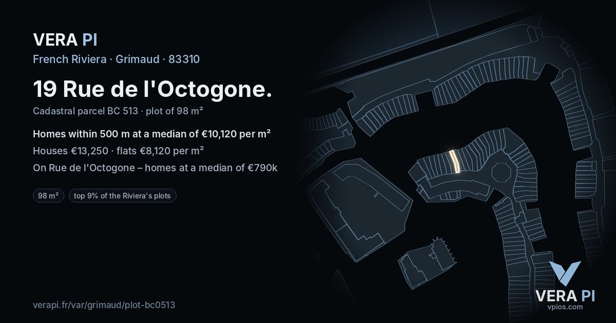 19 Rue de l'Octogone, Grimaud at night – the plot lit, the parcels around coloured by the prices near them