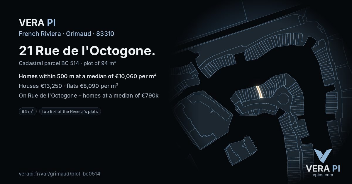 21 Rue de l'Octogone, Grimaud at night – the plot lit, the parcels around coloured by the prices near them