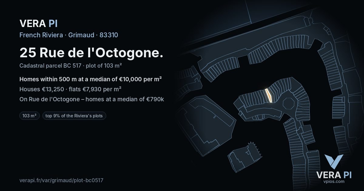 25 Rue de l'Octogone, Grimaud at night – the plot lit, the parcels around coloured by the prices near them