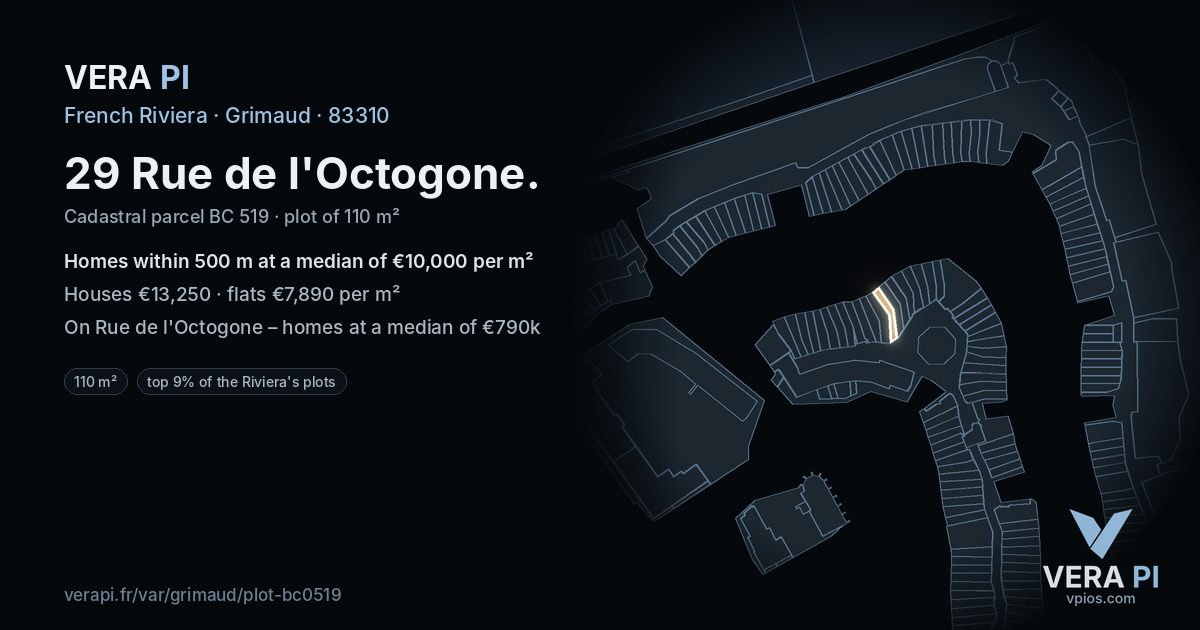 29 Rue de l'Octogone, Grimaud at night – the plot lit, the parcels around coloured by the prices near them