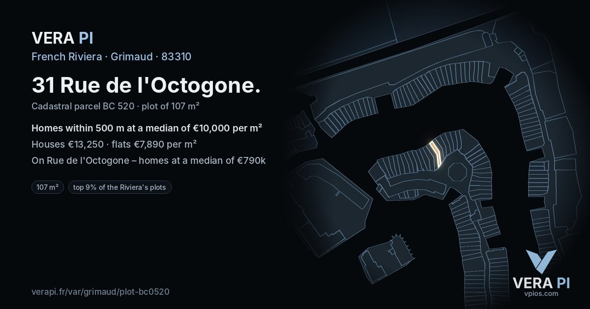 31 Rue de l'Octogone, Grimaud at night – the plot lit, the parcels around coloured by the prices near them
