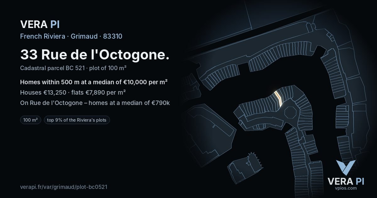 33 Rue de l'Octogone, Grimaud at night – the plot lit, the parcels around coloured by the prices near them