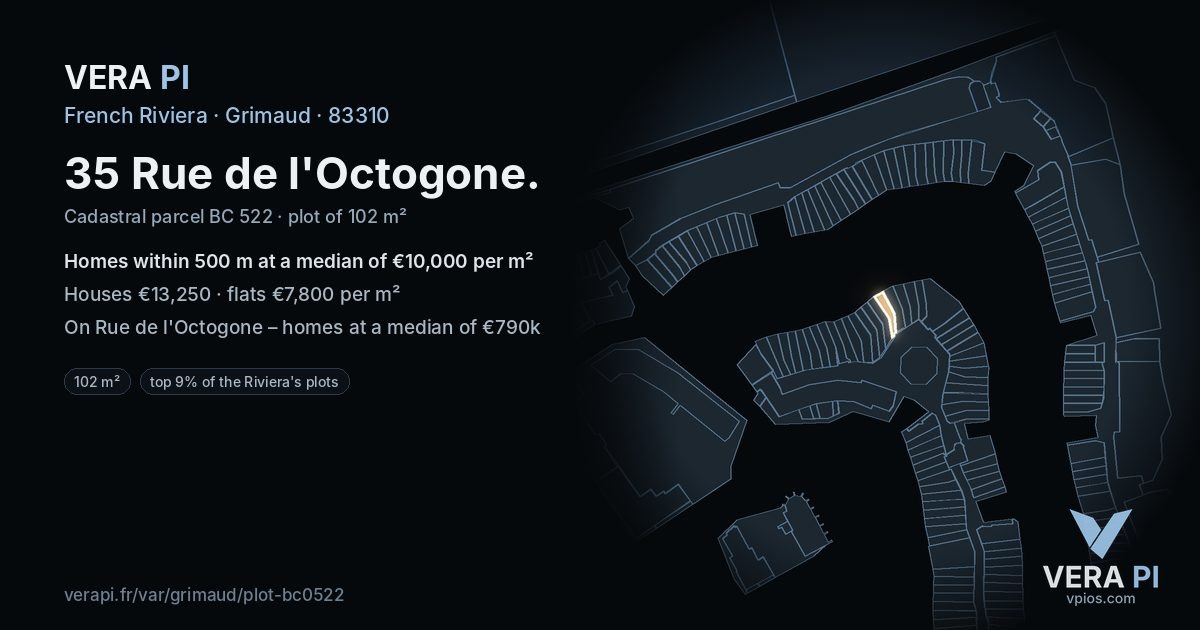 35 Rue de l'Octogone, Grimaud at night – the plot lit, the parcels around coloured by the prices near them
