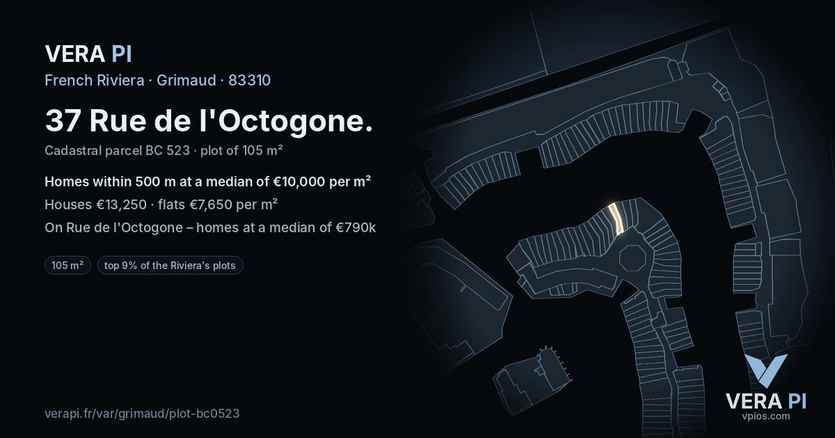 37 Rue de l'Octogone, Grimaud at night – the plot lit, the parcels around coloured by the prices near them