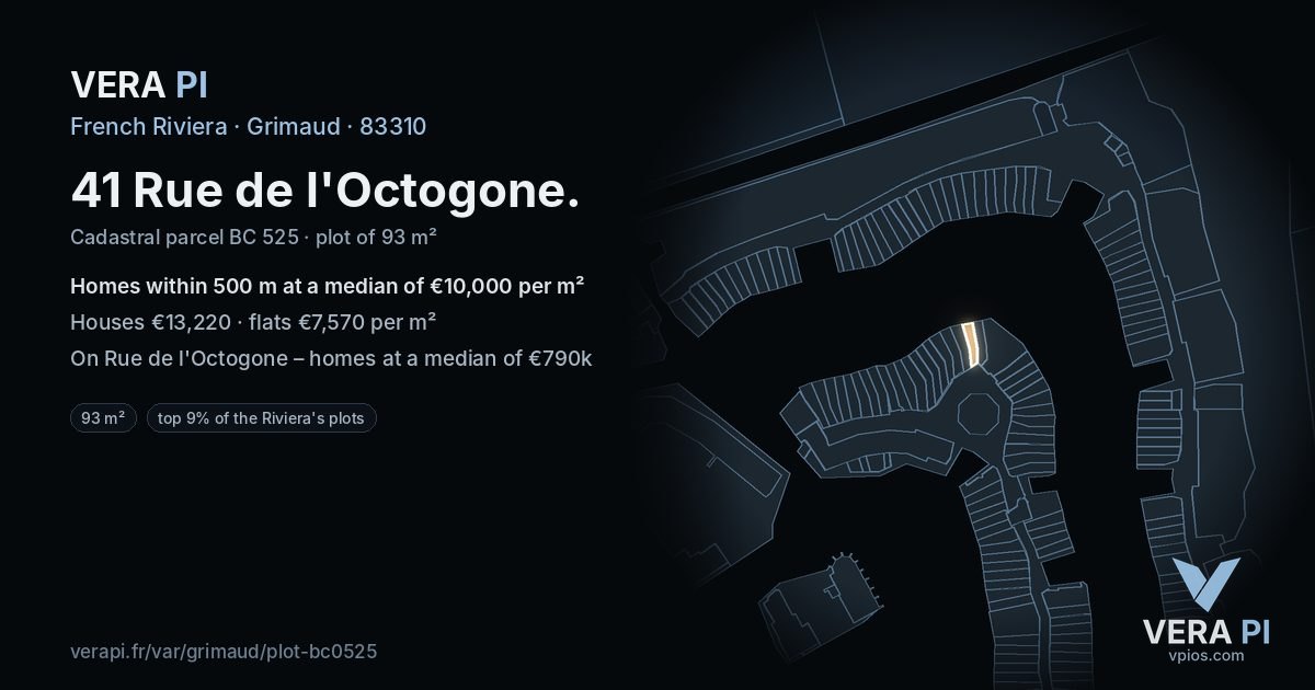 41 Rue de l'Octogone, Grimaud at night – the plot lit, the parcels around coloured by the prices near them