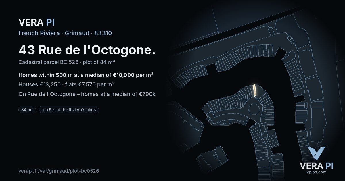 43 Rue de l'Octogone, Grimaud at night – the plot lit, the parcels around coloured by the prices near them