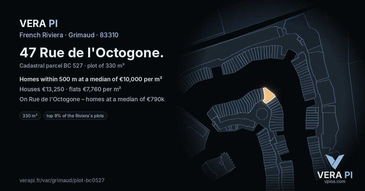 47 Rue de l'Octogone, Grimaud at night – the plot lit, the parcels around coloured by the prices near them