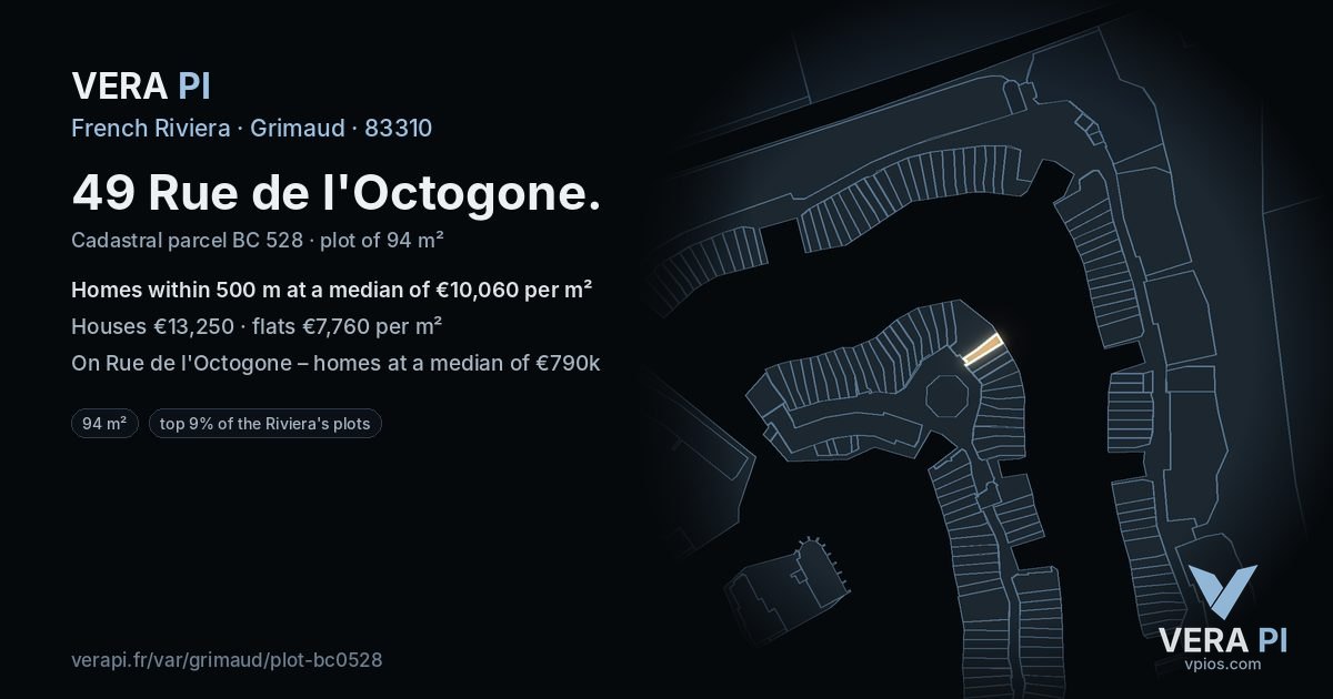 49 Rue de l'Octogone, Grimaud at night – the plot lit, the parcels around coloured by the prices near them