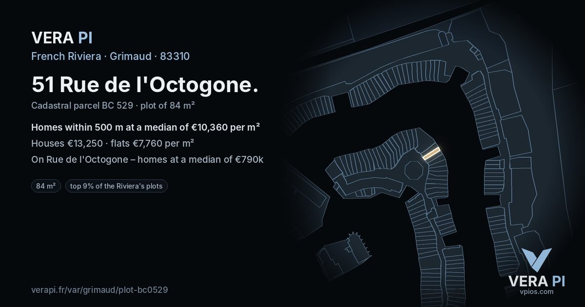 51 Rue de l'Octogone, Grimaud at night – the plot lit, the parcels around coloured by the prices near them