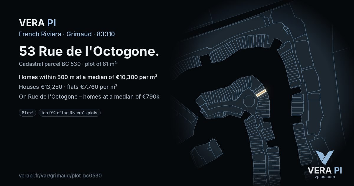 53 Rue de l'Octogone, Grimaud at night – the plot lit, the parcels around coloured by the prices near them