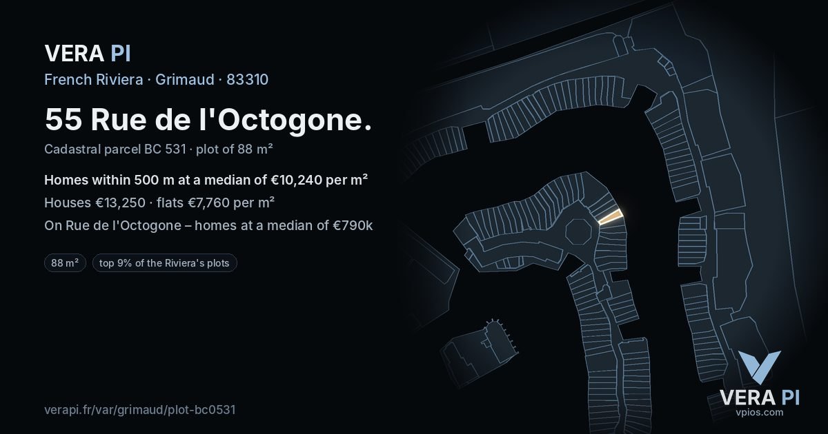 55 Rue de l'Octogone, Grimaud at night – the plot lit, the parcels around coloured by the prices near them