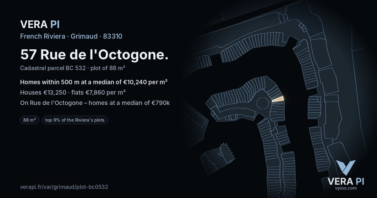 57 Rue de l'Octogone, Grimaud at night – the plot lit, the parcels around coloured by the prices near them