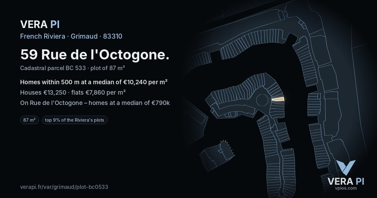 59 Rue de l'Octogone, Grimaud at night – the plot lit, the parcels around coloured by the prices near them