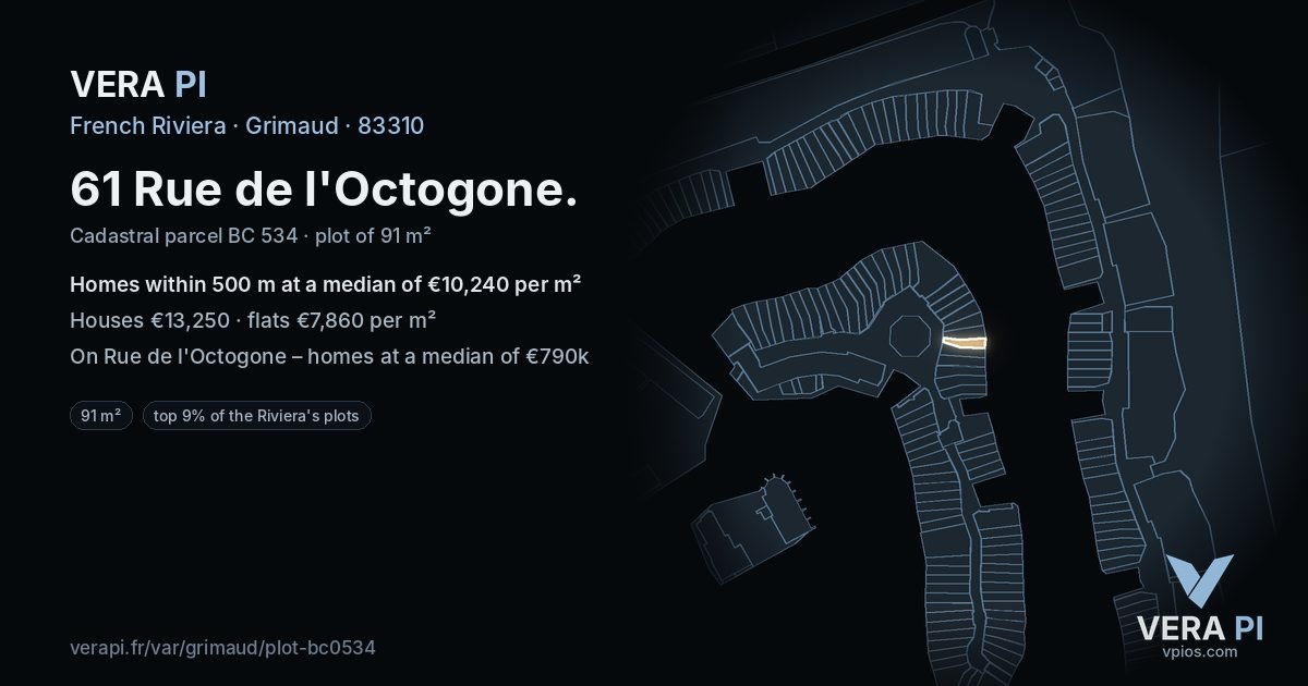 61 Rue de l'Octogone, Grimaud at night – the plot lit, the parcels around coloured by the prices near them