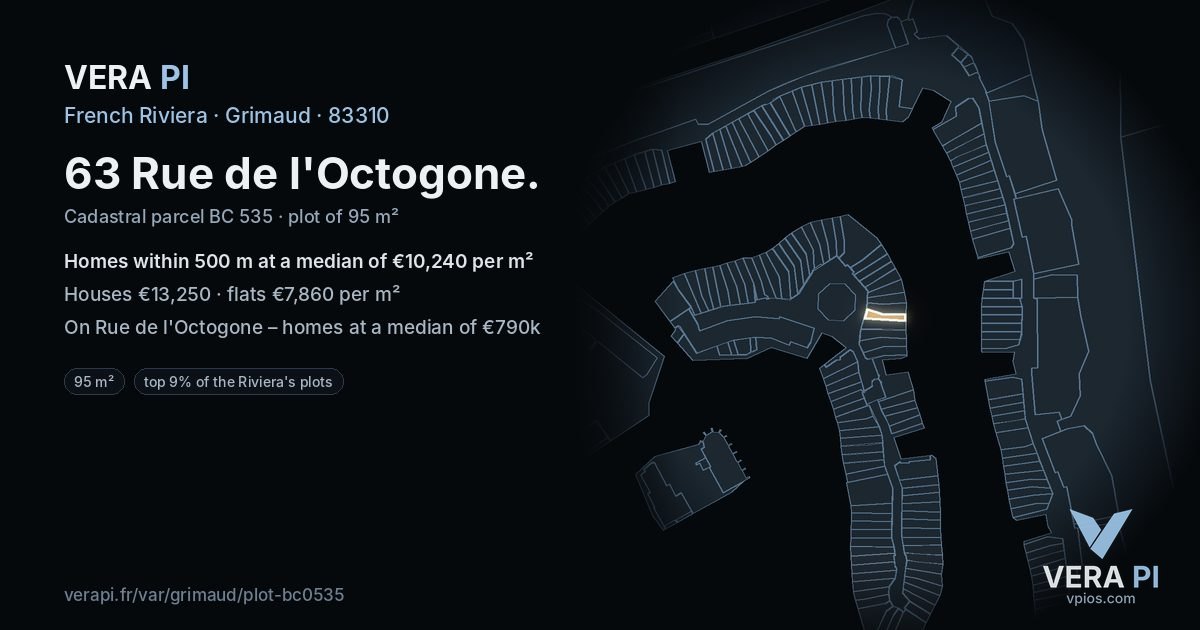 63 Rue de l'Octogone, Grimaud at night – the plot lit, the parcels around coloured by the prices near them