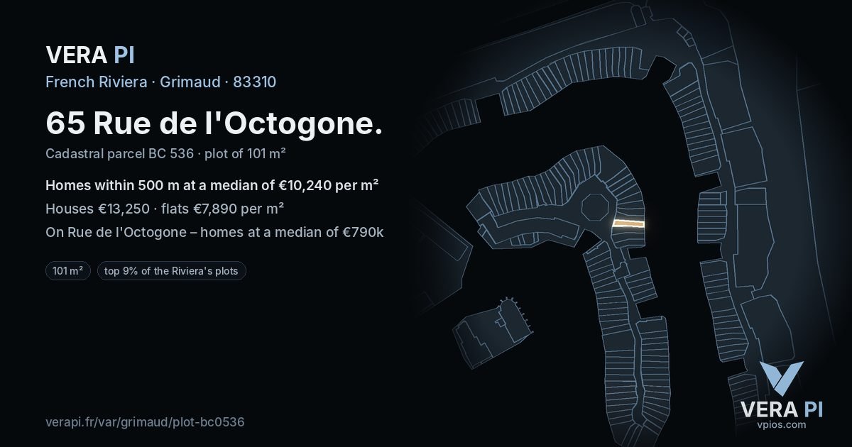 65 Rue de l'Octogone, Grimaud at night – the plot lit, the parcels around coloured by the prices near them
