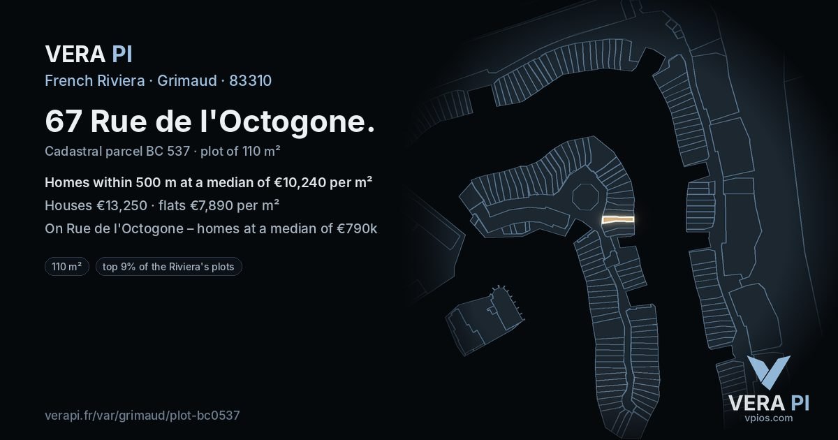 67 Rue de l'Octogone, Grimaud at night – the plot lit, the parcels around coloured by the prices near them