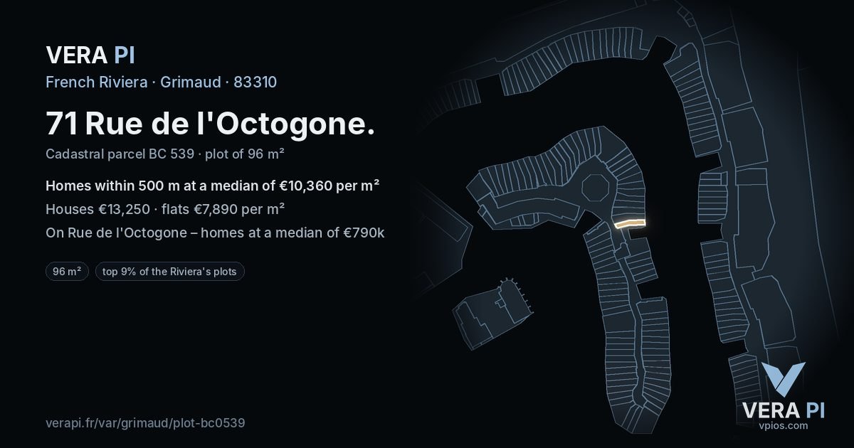 71 Rue de l'Octogone, Grimaud at night – the plot lit, the parcels around coloured by the prices near them