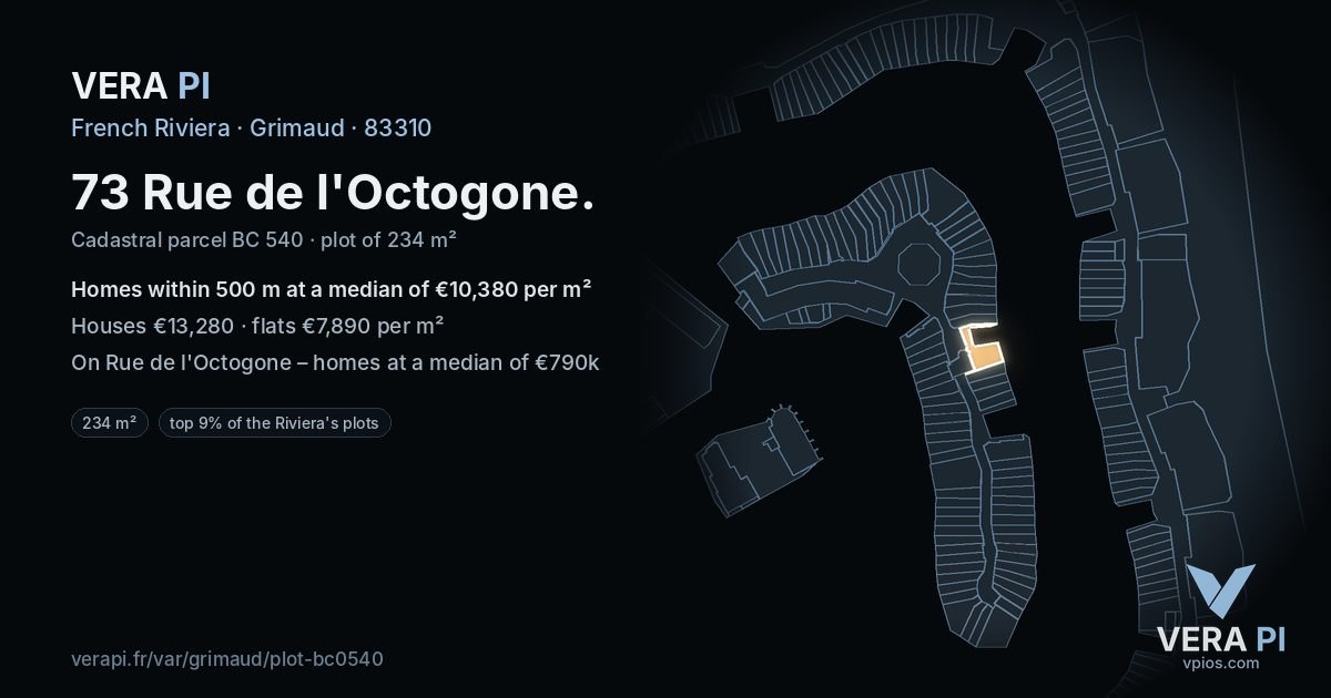 73 Rue de l'Octogone, Grimaud at night – the plot lit, the parcels around coloured by the prices near them