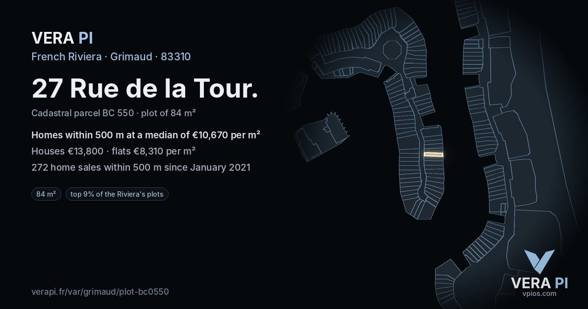 27 Rue de la Tour, Grimaud at night – the plot lit, the parcels around coloured by the prices near them