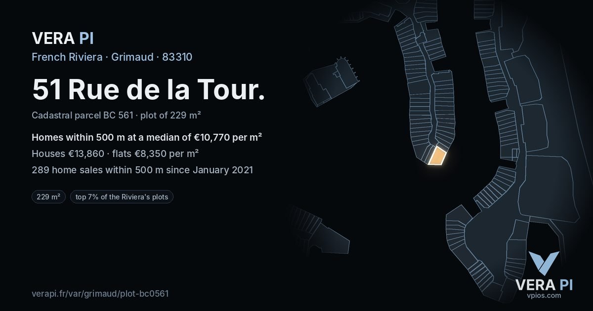 51 Rue de la Tour, Grimaud at night – the plot lit, the parcels around coloured by the prices near them