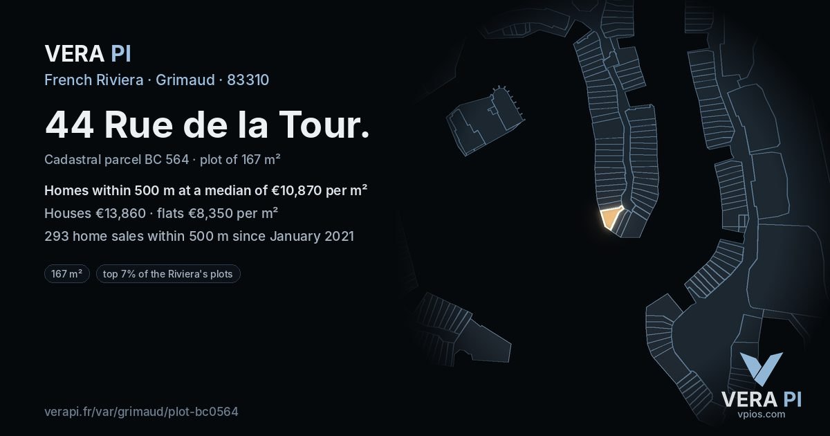 44 Rue de la Tour, Grimaud at night – the plot lit, the parcels around coloured by the prices near them