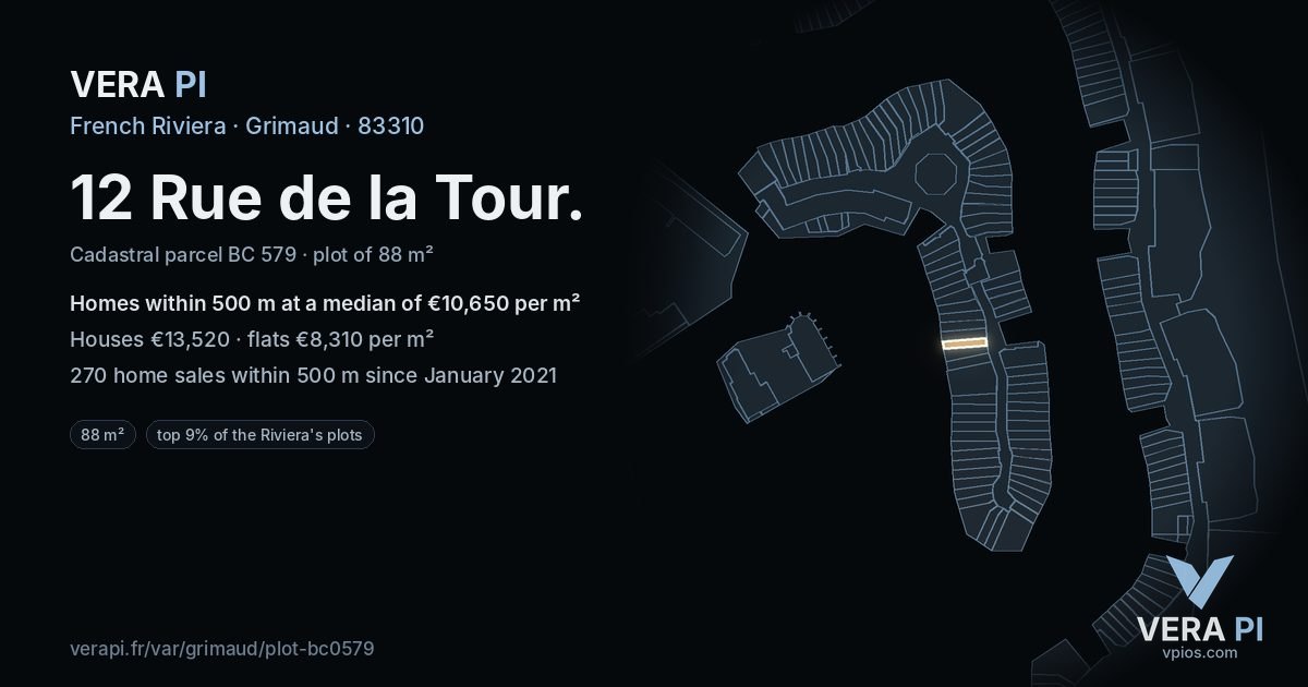 12 Rue de la Tour, Grimaud at night – the plot lit, the parcels around coloured by the prices near them
