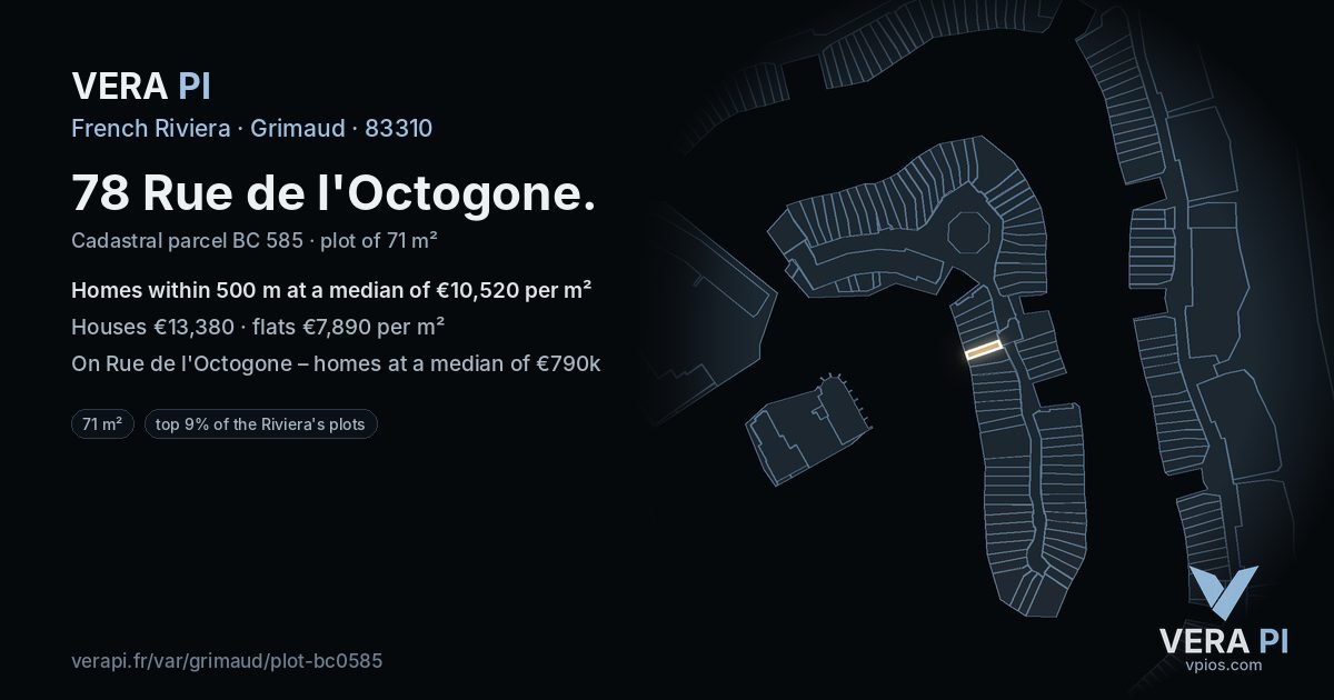 78 Rue de l'Octogone, Grimaud at night – the plot lit, the parcels around coloured by the prices near them