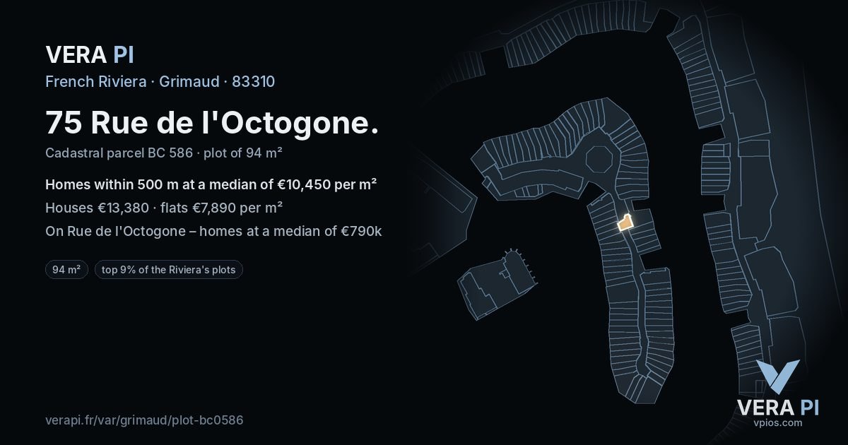 75 Rue de l'Octogone, Grimaud at night – the plot lit, the parcels around coloured by the prices near them