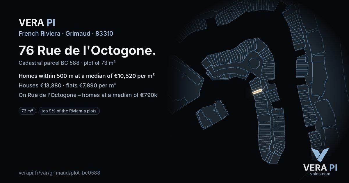 76 Rue de l'Octogone, Grimaud at night – the plot lit, the parcels around coloured by the prices near them