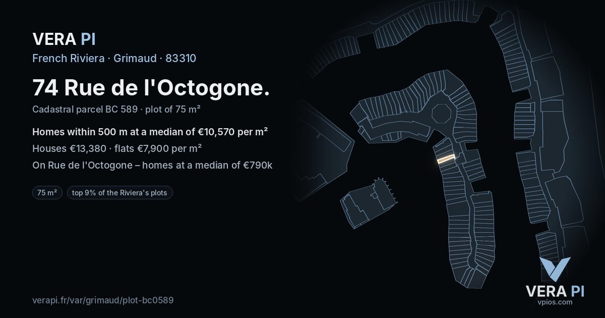 74 Rue de l'Octogone, Grimaud at night – the plot lit, the parcels around coloured by the prices near them