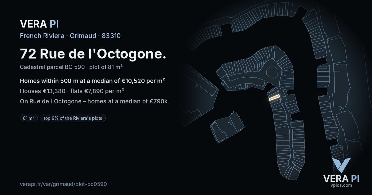 72 Rue de l'Octogone, Grimaud at night – the plot lit, the parcels around coloured by the prices near them