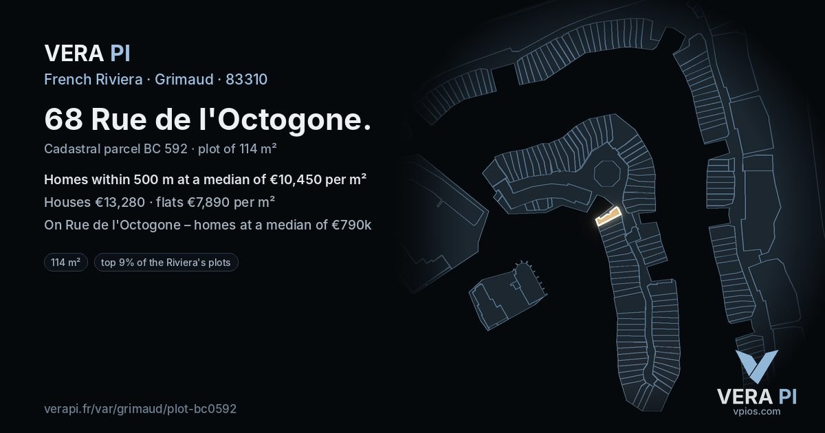 68 Rue de l'Octogone, Grimaud at night – the plot lit, the parcels around coloured by the prices near them