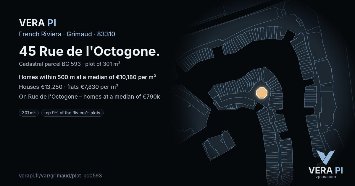 45 Rue de l'Octogone, Grimaud at night – the plot lit, the parcels around coloured by the prices near them