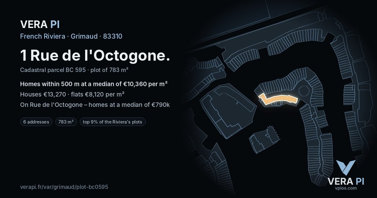 1 Rue de l'Octogone, Grimaud at night – the plot lit, the parcels around coloured by the prices near them