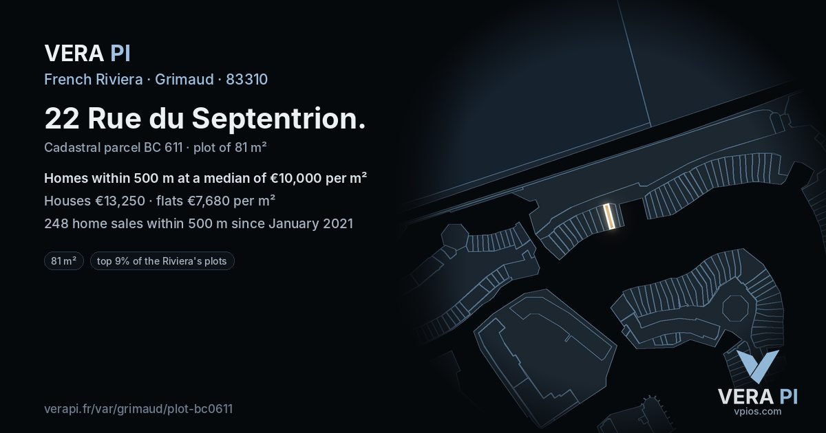 22 Rue du Septentrion, Grimaud at night – the plot lit, the parcels around coloured by the prices near them