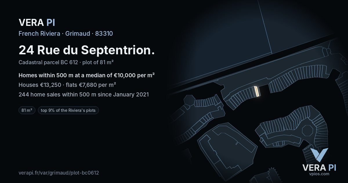 24 Rue du Septentrion, Grimaud at night – the plot lit, the parcels around coloured by the prices near them