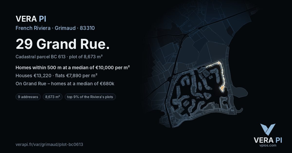 29 Grand Rue, Grimaud at night – the plot lit, the parcels around coloured by the prices near them