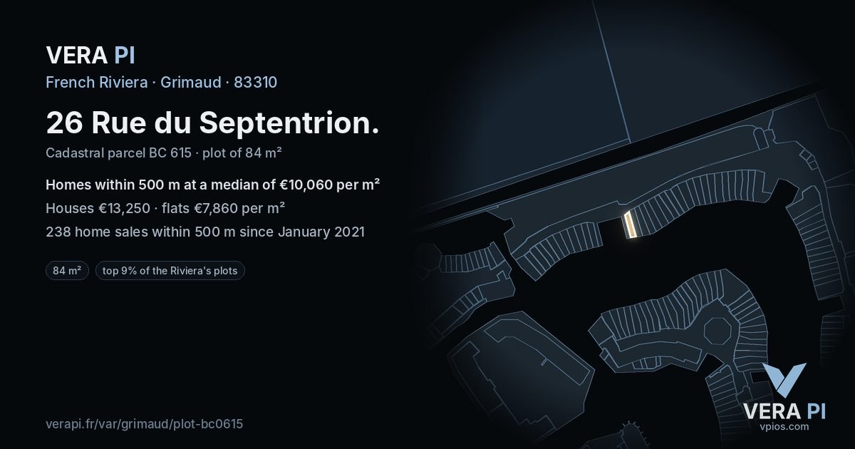 26 Rue du Septentrion, Grimaud at night – the plot lit, the parcels around coloured by the prices near them
